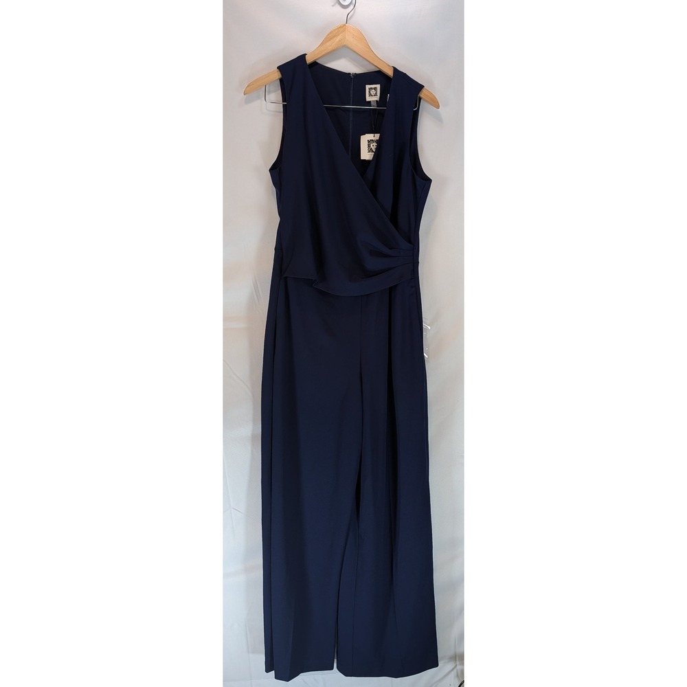 Anne Klein Womens Navy Blue V-Neck Wide Leg Jumpsuit Size 6 Pants one piece